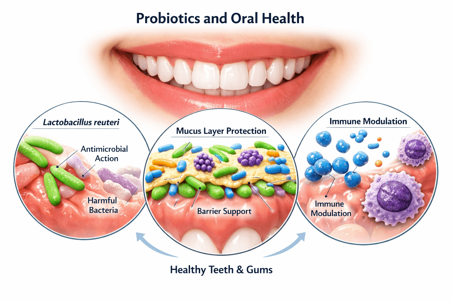 Scientific illustration of probiotics and oral health